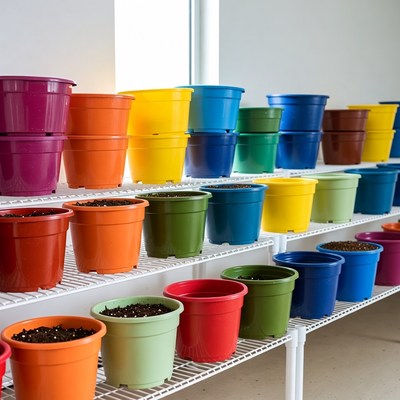 Colorful Plastic Flower Pots on Shelves