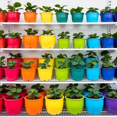 Colorful Potted Plants on Shelves