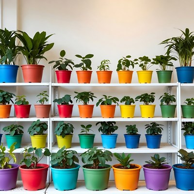 Colorful Plants in Rainbow Pots on Shelves