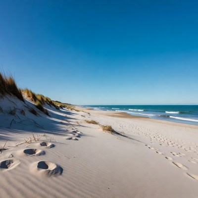 Sandy Beach with Footprints and Dunes