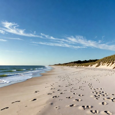Footprints on sandy beach by dunes