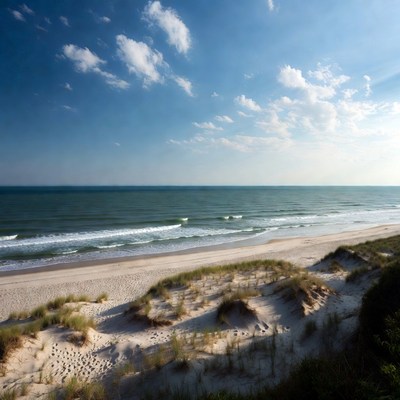 Sandy Beach with Dunes and Ocean Waves