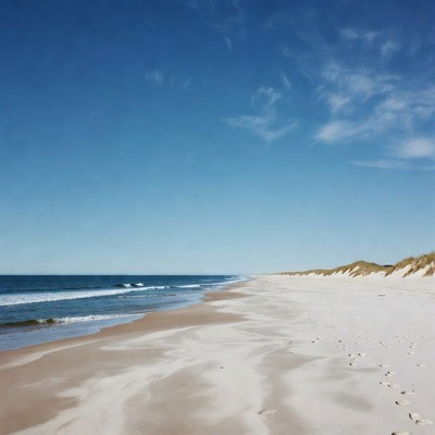 Sandy Beach with Footprints and Ocean