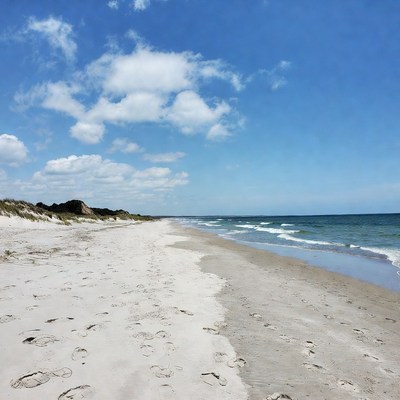 Sandy Beach with Footprints and Ocean
