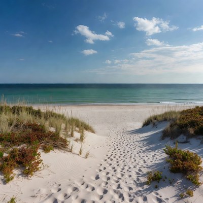 Footprints in sandy beach path to ocean