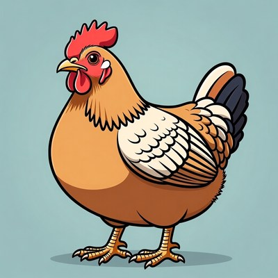 Cartoon Hen Standing on Blue Background