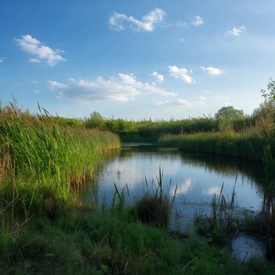 Reed-lined Pond in Sunny Marsh