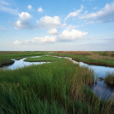 Marshland with channels under blue sky