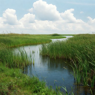 Winding River in Lush Marsh Grass