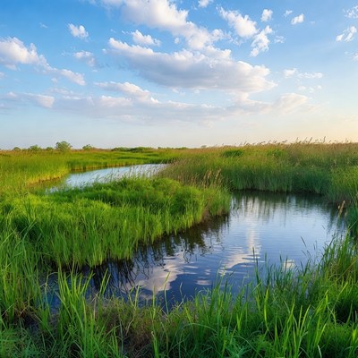 Scenic river winding through green marsh grass