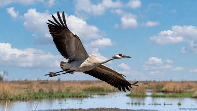 Sandhill Crane Flying over Marsh