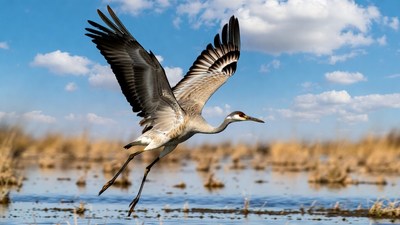 Sandhill Crane Flying over Marsh