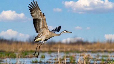 Sandhill Crane Flying over Marsh