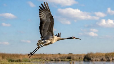 Sandhill Crane Flying over Marsh