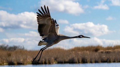 Sandhill Crane Flying over Marsh