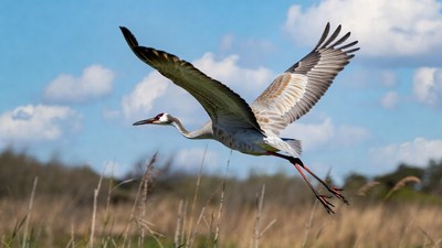 Sandhill Crane Flying over Marsh