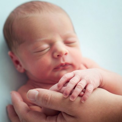 Newborn baby held in adult hands