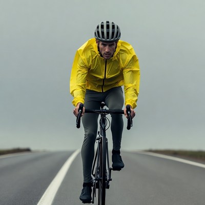 Man cycling in yellow rain jacket