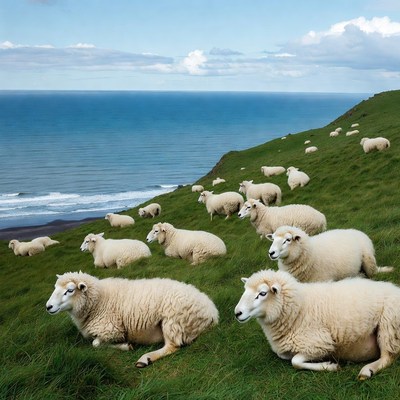 Sheep grazing on green cliff overlooking ocean