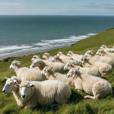 Sheep grazing on green hill by ocean