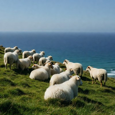 White sheep grazing on grassy cliff overlooking ocean