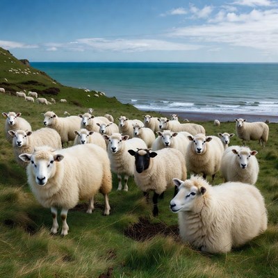 Sheep flock on grassy cliff overlooking ocean