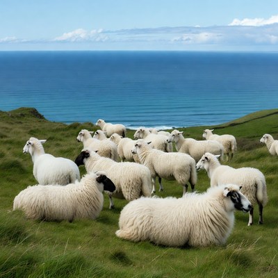 Sheep grazing on green hill overlooking ocean
