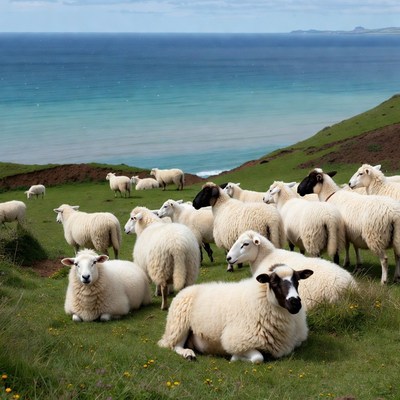 Sheep herd on grassy cliff overlooking ocean