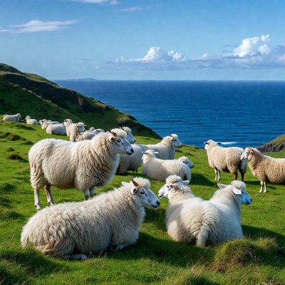 Sheep grazing on green cliff overlooking ocean