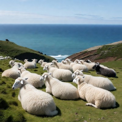 White sheep flock on green hill overlooking ocean