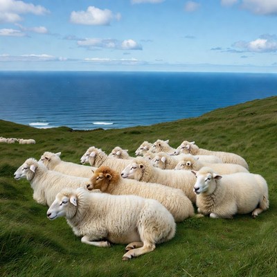Sheep herd on green cliff overlooking ocean