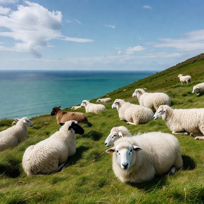 Sheep grazing on grassy cliff overlooking ocean