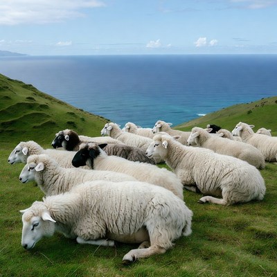 Sheep herd on green hill overlooking ocean