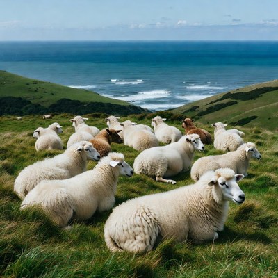 Sheep herd on green hill overlooking ocean