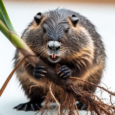Beaver chewing on plant root