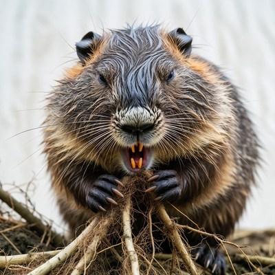 Wet beaver gnawing roots