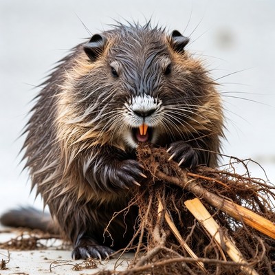 Wet beaver eating roots