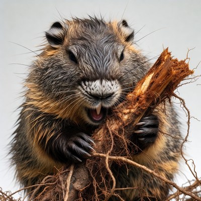 Beaver chewing on wood root
