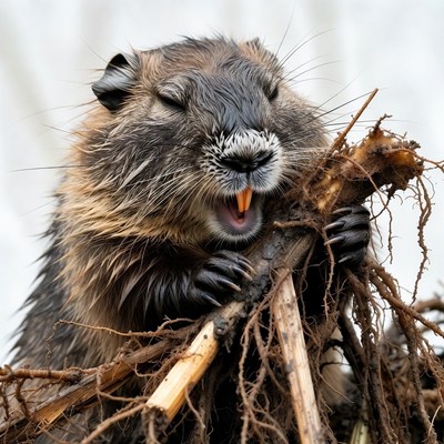 Beaver chewing roots