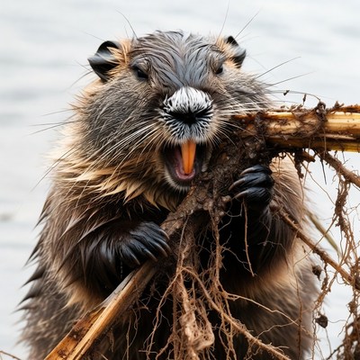 Beaver chewing roots by water