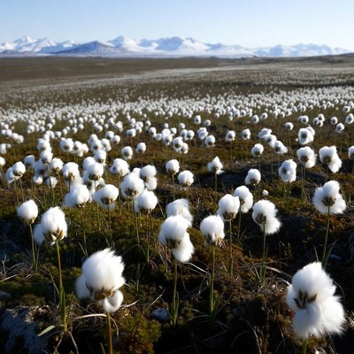 Cotton grass field with snowy mountains