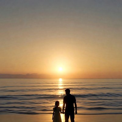 Father and daughter silhouette at sunset beach