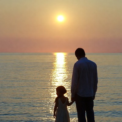 Father and daughter at sunset beach