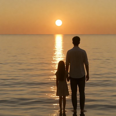 Father and daughter watching sunset over sea