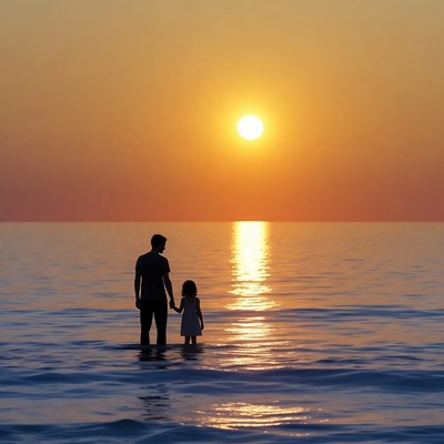Father and daughter silhouette at sunset beach