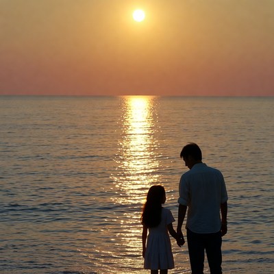 Father and daughter at sunset beach