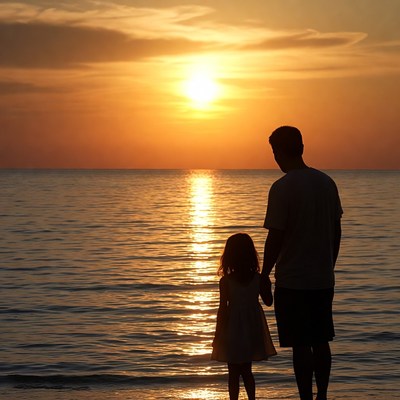 Father and daughter at sunset beach