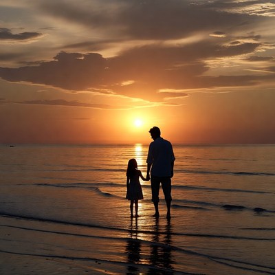 Father and daughter holding hands at sunset beach