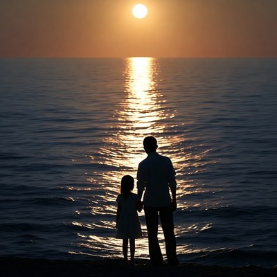 Father and daughter silhouette at sunset beach