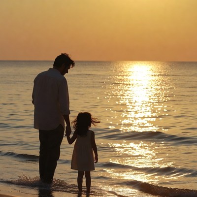 Father and daughter at sunset beach